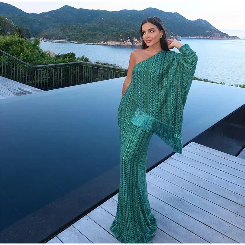 Elegant Tassel Stripe Long Dresses Women Sexy Off Shoulder With Scarf Full Sleeve Party Dress 2025 Fashion Loose Vestidos Lady