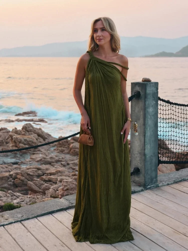 Sexy String Halter Dress For Women Loose Green Sleeveless Fold Long Dresses Female 2025 Summer Solid Beach Vacation Robes Lady