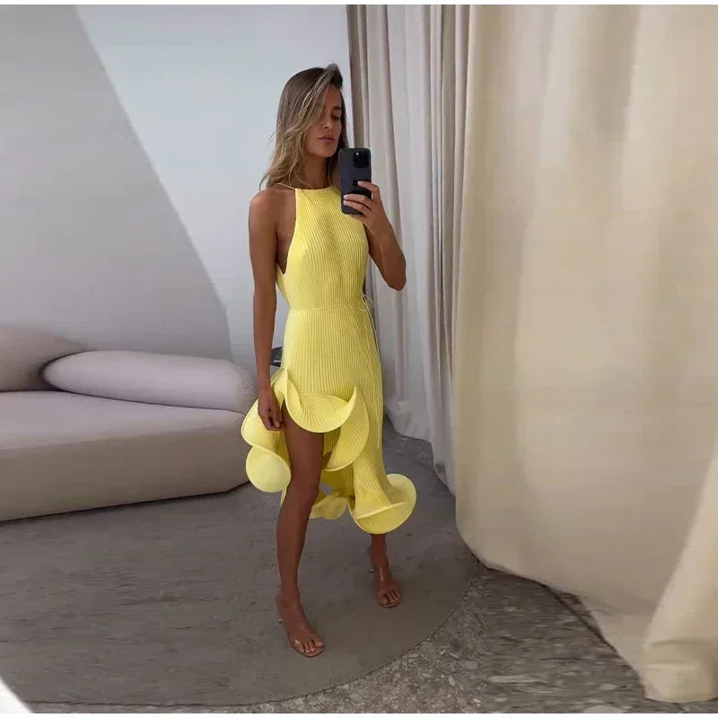 Elegant Ruffle Hem Short Dress Women Sexy Halter Lace Up Sleeveless Backless Irregular Party Dresses 2025 Summer Lady Vestidos