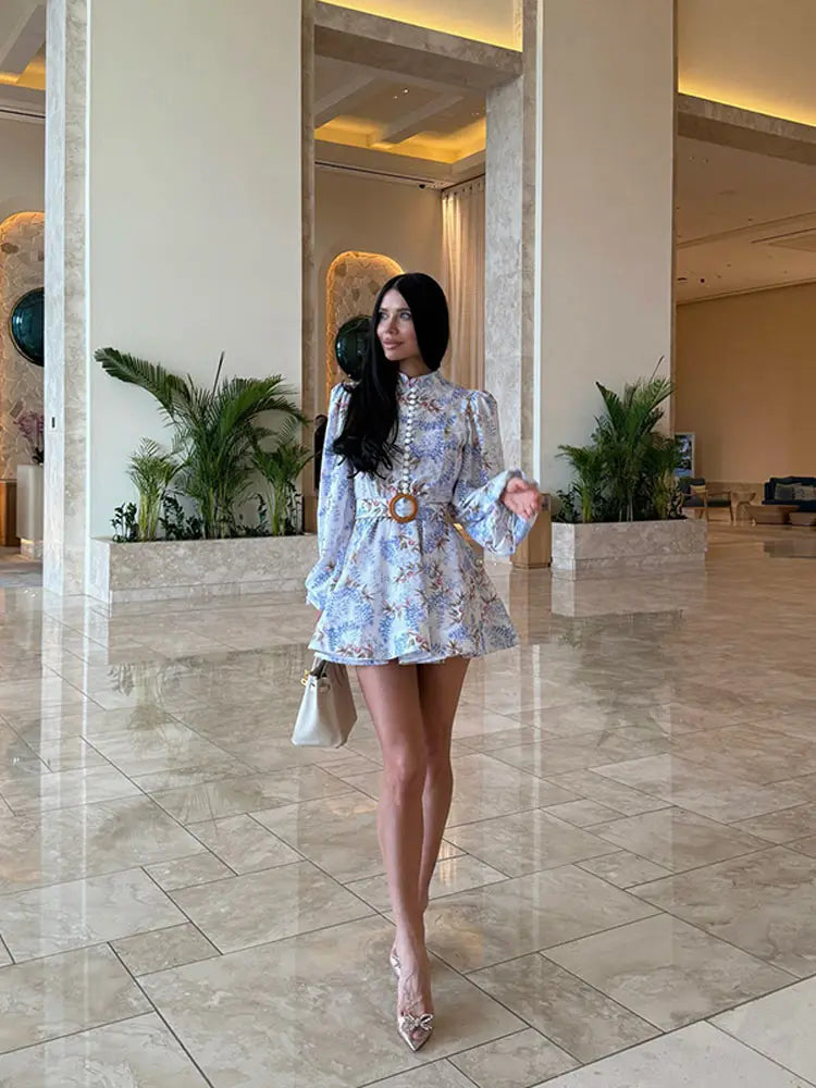 Elegant Printed Short Dress Women With Belt Single Breasted O-neck Long Sleeve A-line Dresses 2025 Fashion Party Vestidos Lady