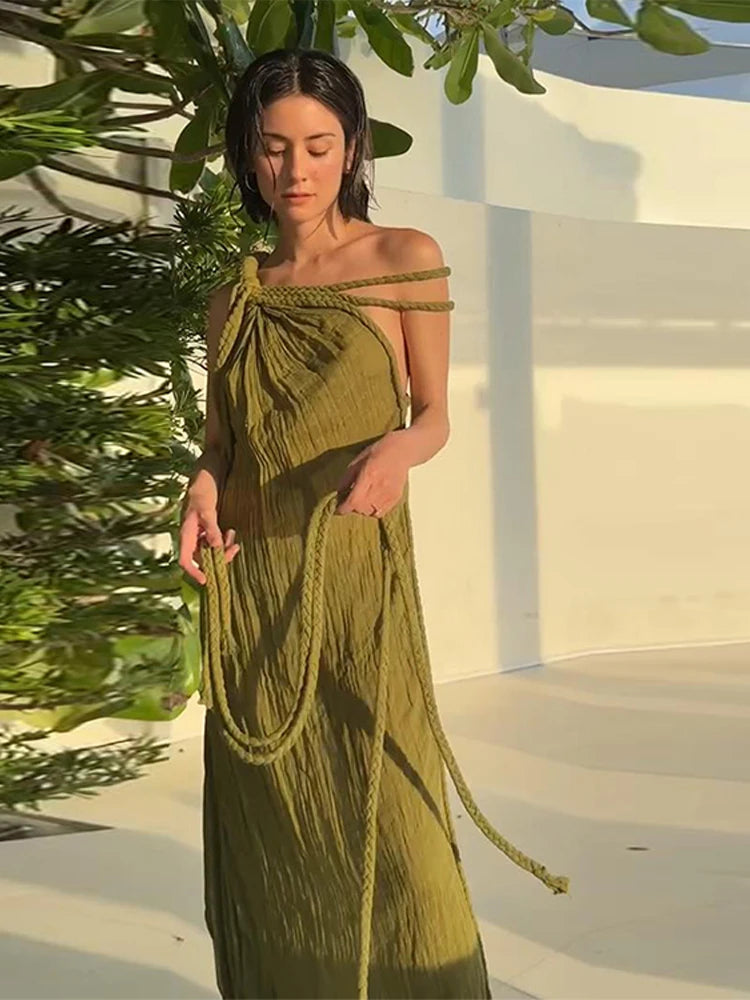 Sexy String Halter Dress For Women Loose Green Sleeveless Fold Long Dresses Female 2025 Summer Solid Beach Vacation Robes Lady