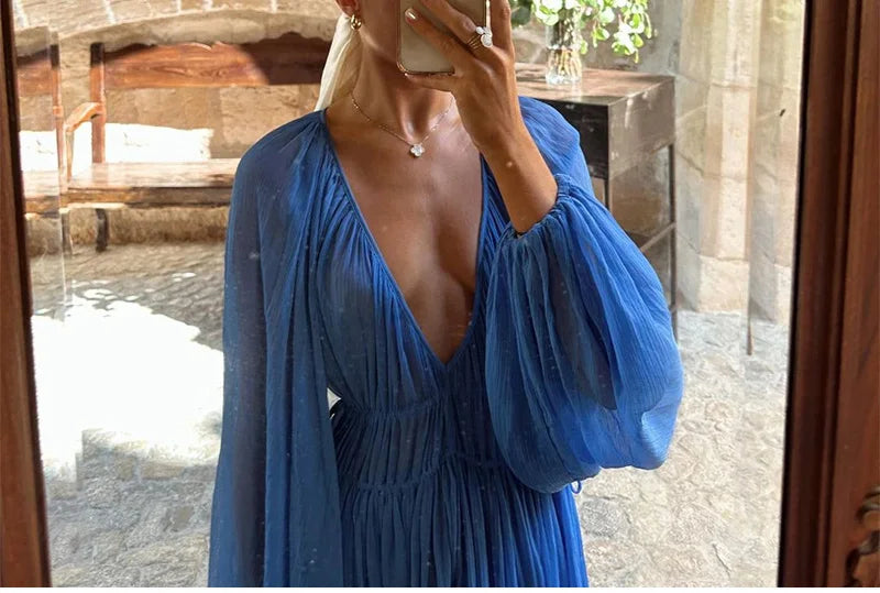 2025 Summer Commute Chic Vestidos Elegant Pleated Long Lantern Sleeve Long Dress Women O Neck Folds Loose Beach Dress