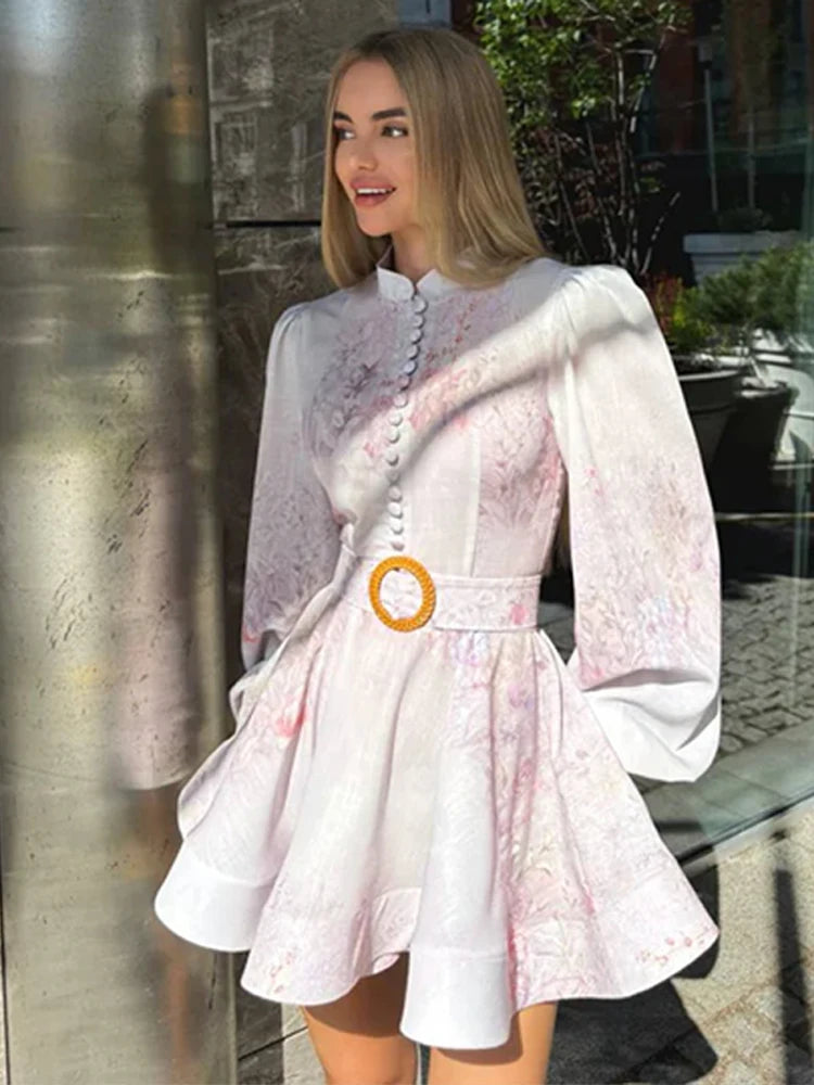 Elegant Printed Short Dress Women With Belt Single Breasted O-neck Long Sleeve A-line Dresses 2025 Fashion Party Vestidos Lady