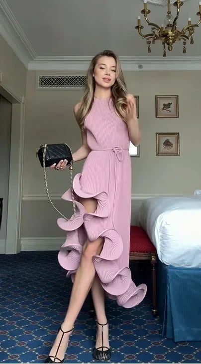 Elegant Ruffle Hem Short Dress Women Sexy Halter Lace Up Sleeveless Backless Irregular Party Dresses 2025 Summer Lady Vestidos