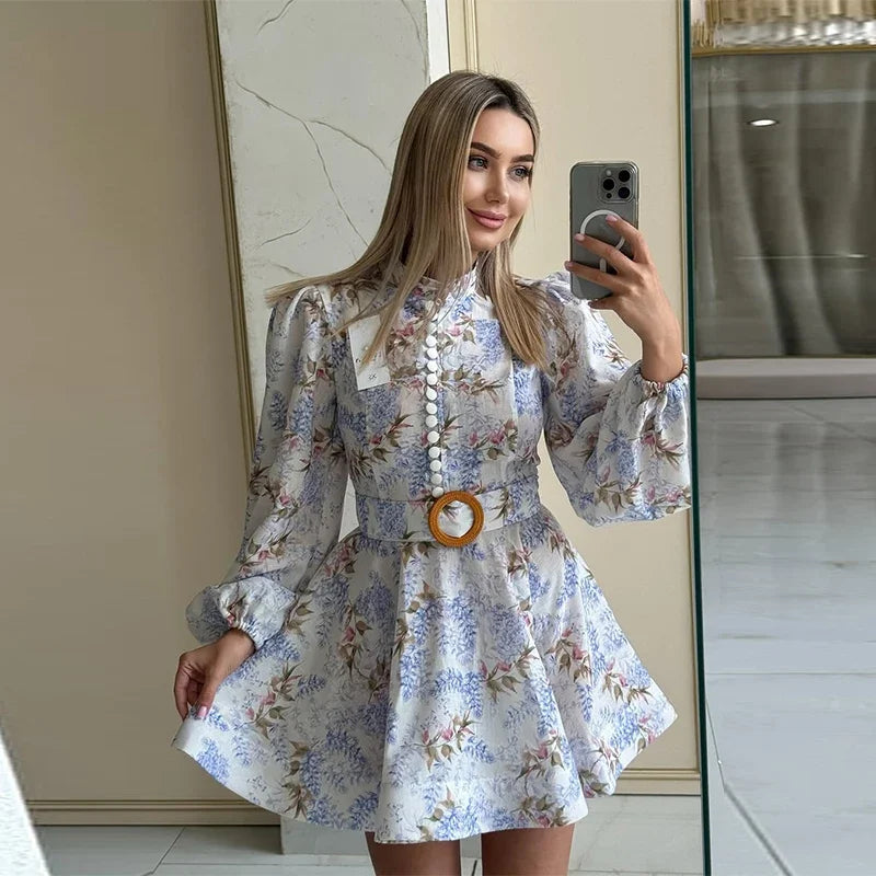 Elegant Printed Short Dress Women With Belt Single Breasted O-neck Long Sleeve A-line Dresses 2025 Fashion Party Vestidos Lady