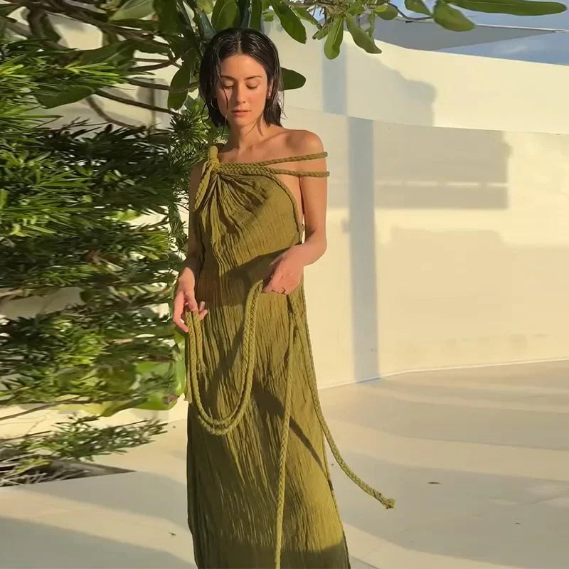 Sexy String Halter Dress For Women Loose Green Sleeveless Fold Long Dresses Female 2025 Summer Solid Beach Vacation Robes Lady