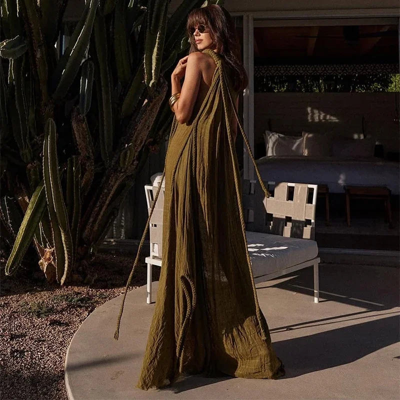 Sexy String Halter Dress For Women Loose Green Sleeveless Fold Long Dresses Female 2025 Summer Solid Beach Vacation Robes Lady