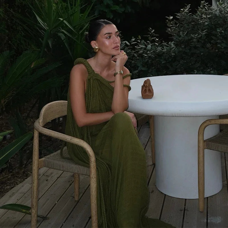Sexy String Halter Dress For Women Loose Green Sleeveless Fold Long Dresses Female 2025 Summer Solid Beach Vacation Robes Lady