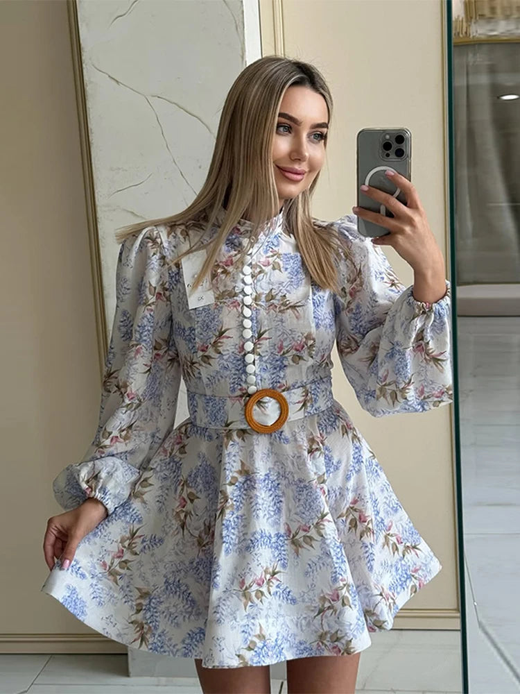 Elegant Printed Short Dress Women With Belt Single Breasted O-neck Long Sleeve A-line Dresses 2025 Fashion Party Vestidos Lady