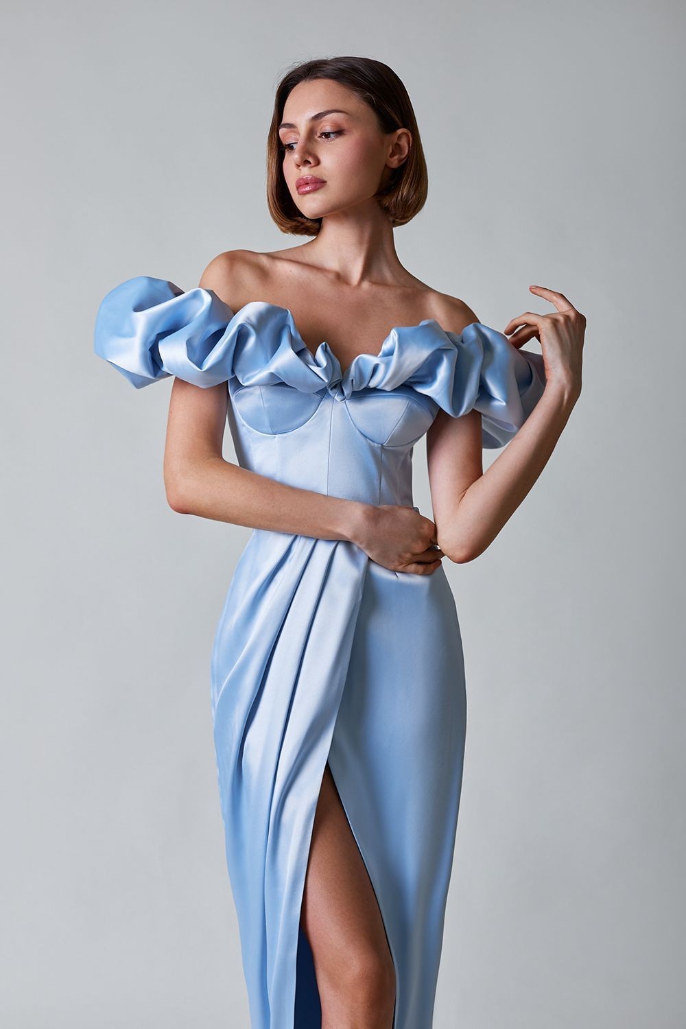 Women's High Slit Dinner Off-shoulder Tube Top Ruffled Dress