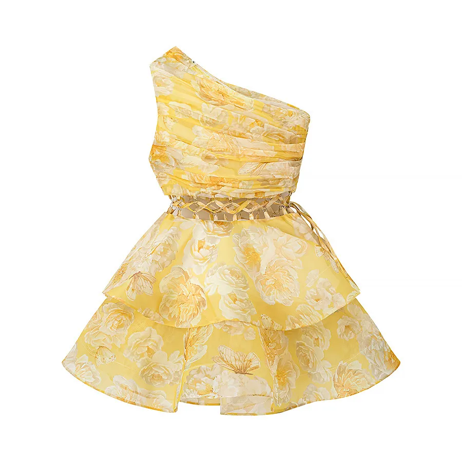 Vacation Style One-shoulder Pleated Lace-up Cutout Printed Puffy Cake Dress