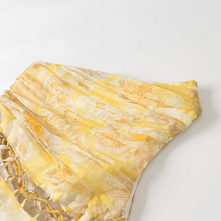 Vacation Style One-shoulder Pleated Lace-up Cutout Printed Puffy Cake Dress