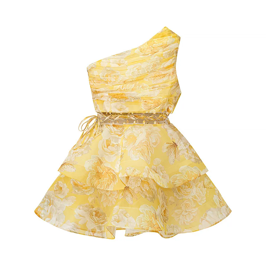Vacation Style One-shoulder Pleated Lace-up Cutout Printed Puffy Cake Dress