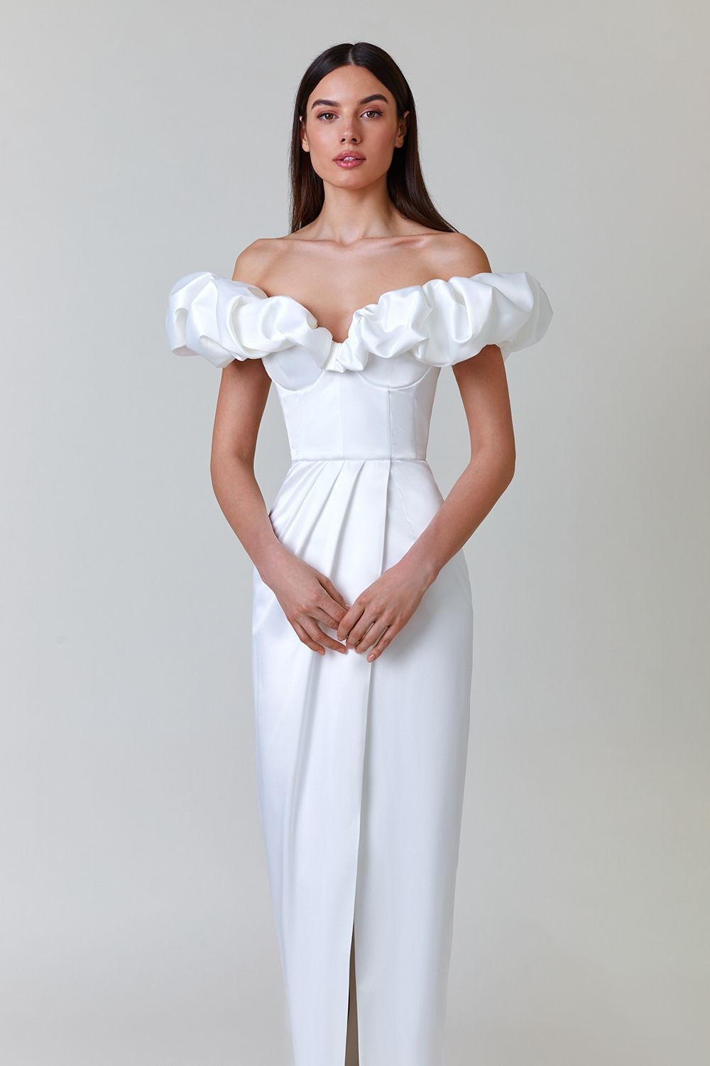 Women's High Slit Dinner Off-shoulder Tube Top Ruffled Dress